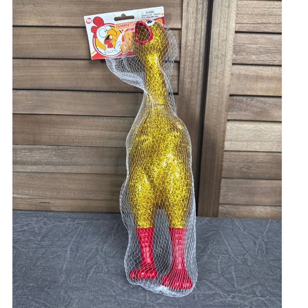 The Toy Network Rubber Chicken Toy NS Shrilling Gold Glitter Red Boots NEW
